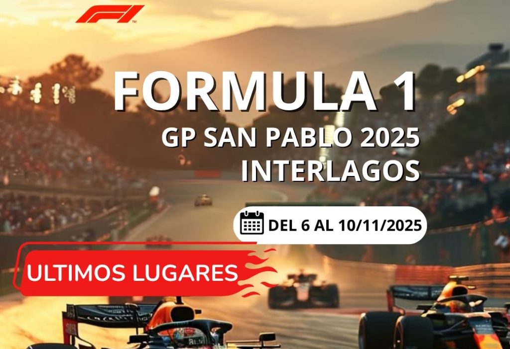 Autos de Fórmula 1 compitiendo en el circuito de Interlagos durante el Gran Premio de San Pablo 2025, al atardecer