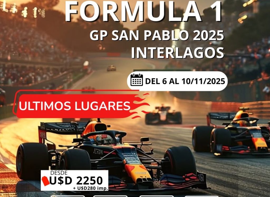 Autos de Fórmula 1 compitiendo en el circuito de Interlagos durante el Gran Premio de San Pablo 2025 al atardecer.