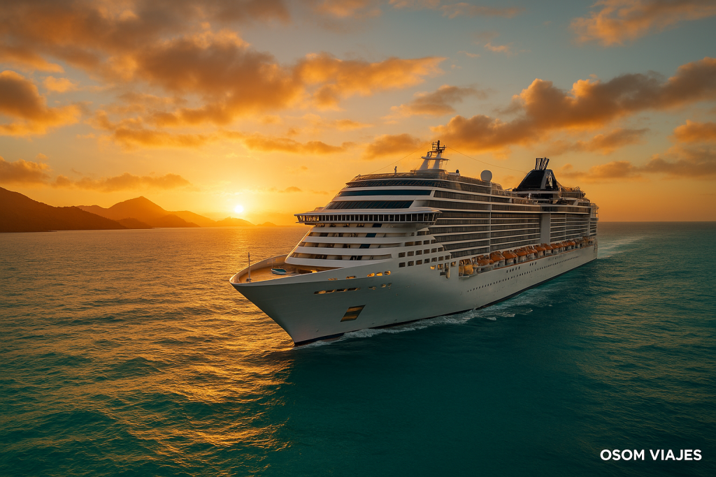 Crucero navegando hacia Brasil al atardecer, con mar turquesa y cielo dorado, ideal para viajes 2025–2026.
