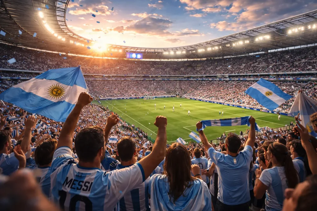 Hinchas de la Selección Argentina alentando en un estadio del Mundial con banderas celeste y blanca