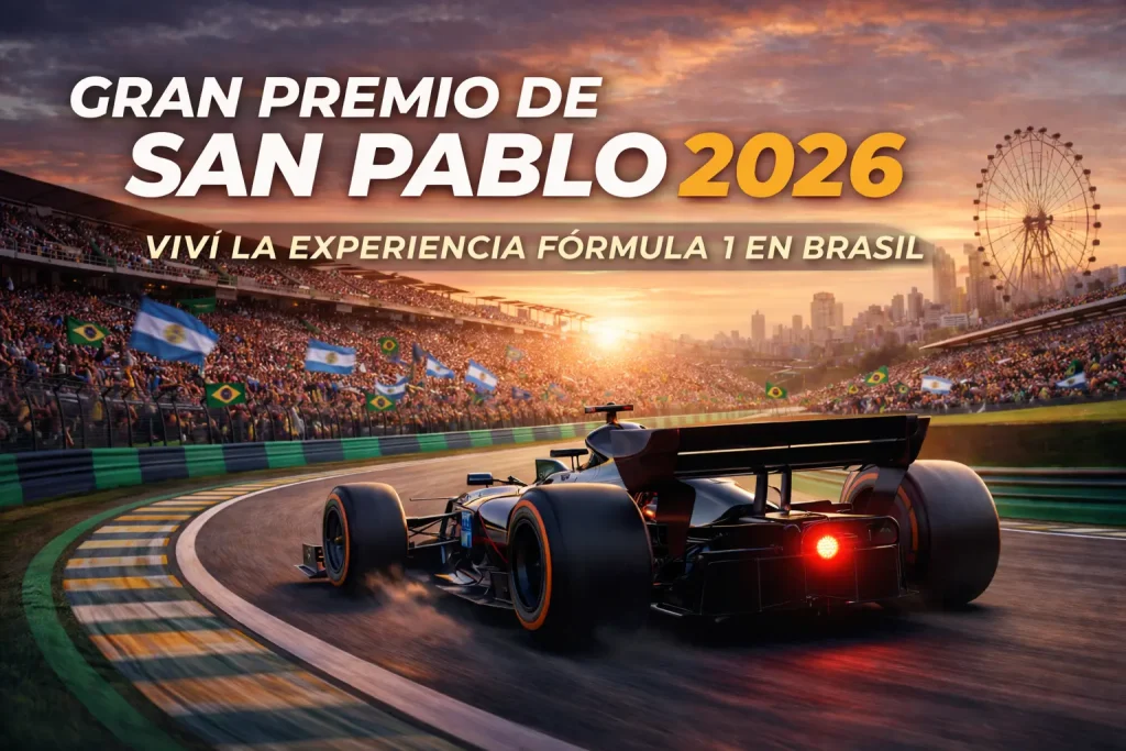 Gran Premio de San Pablo 2026 en Brasil con monoplaza de Fórmula 1 en pista y público con banderas de Argentina y Brasil