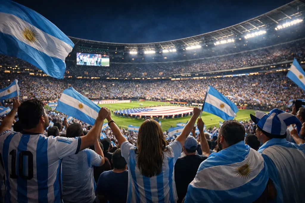 Hinchas argentinos con banderas celeste y blanca en estadio de Estados Unidos durante el Mundial 2026