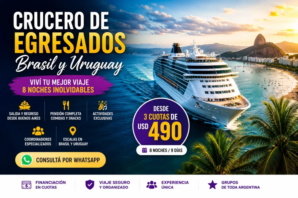 Estudiantes disfrutando un crucero de egresados por Brasil y Uruguay con salida desde Buenos Aires